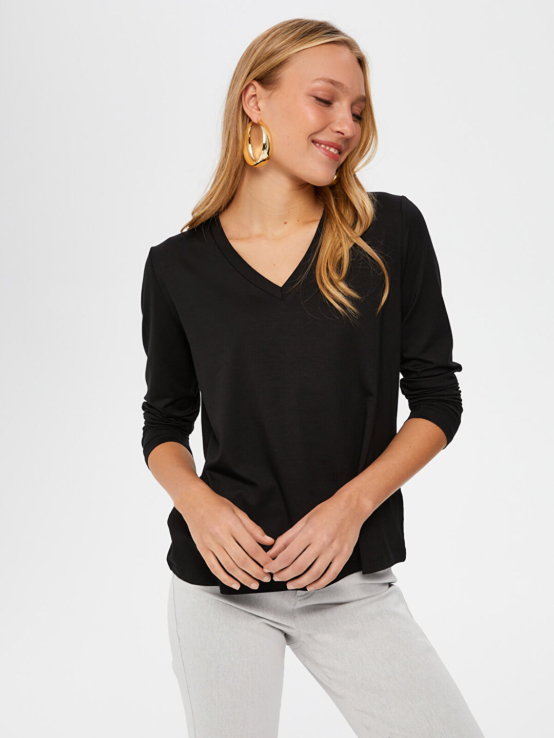 V Yaka Uzun Kol T-Shirt B00012