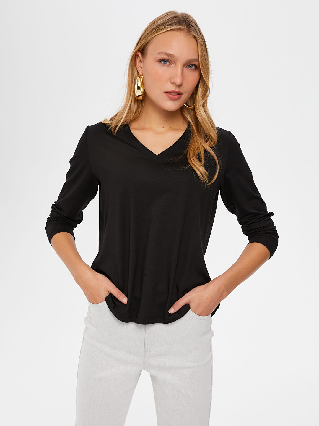 V Yaka Uzun Kol T-Shirt B00012