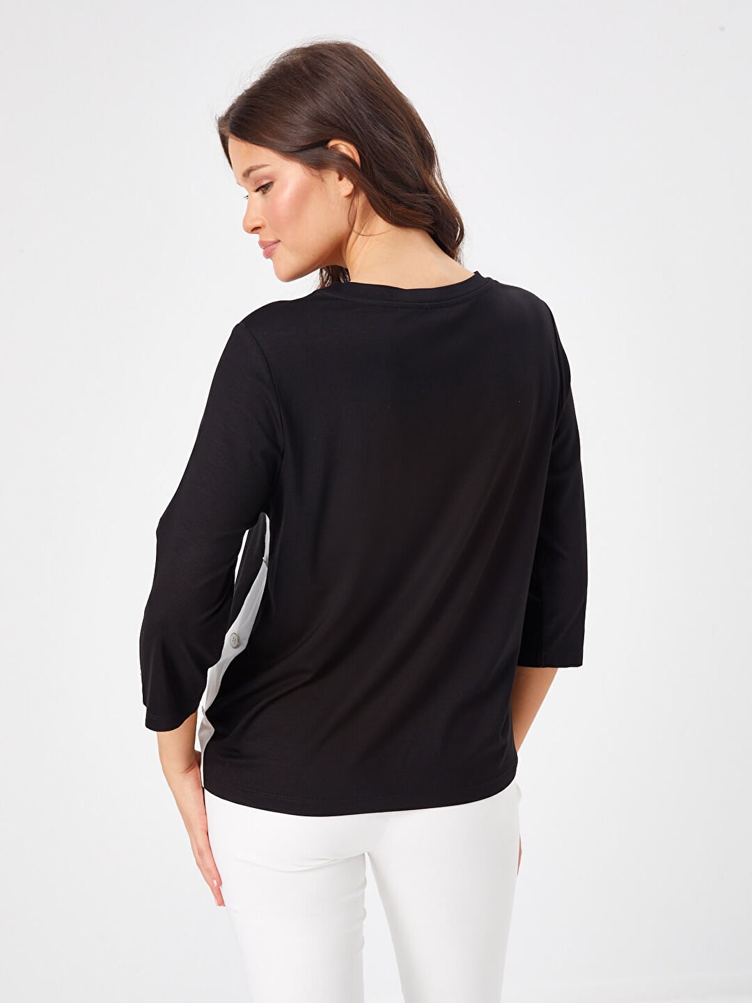 Renk Bloklu Yanları Düğmeli 3/4 Kol Yuvarlak Yak T-Shirt 68638