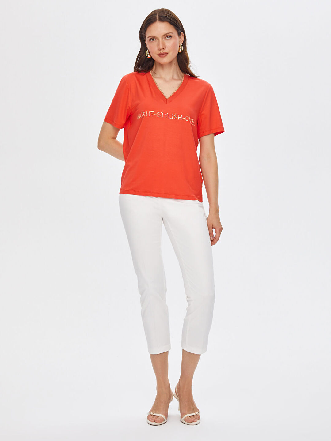 Simli Triko Yakalı Taş Sloganlı V Yaka T-Shirt 68646
