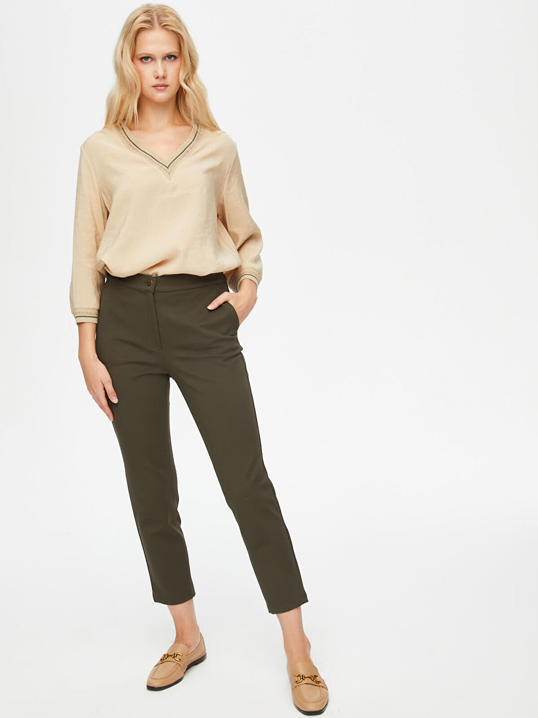 Önü Dikişli Slım Fit Diagonal Doku Örme Pantolon 69485