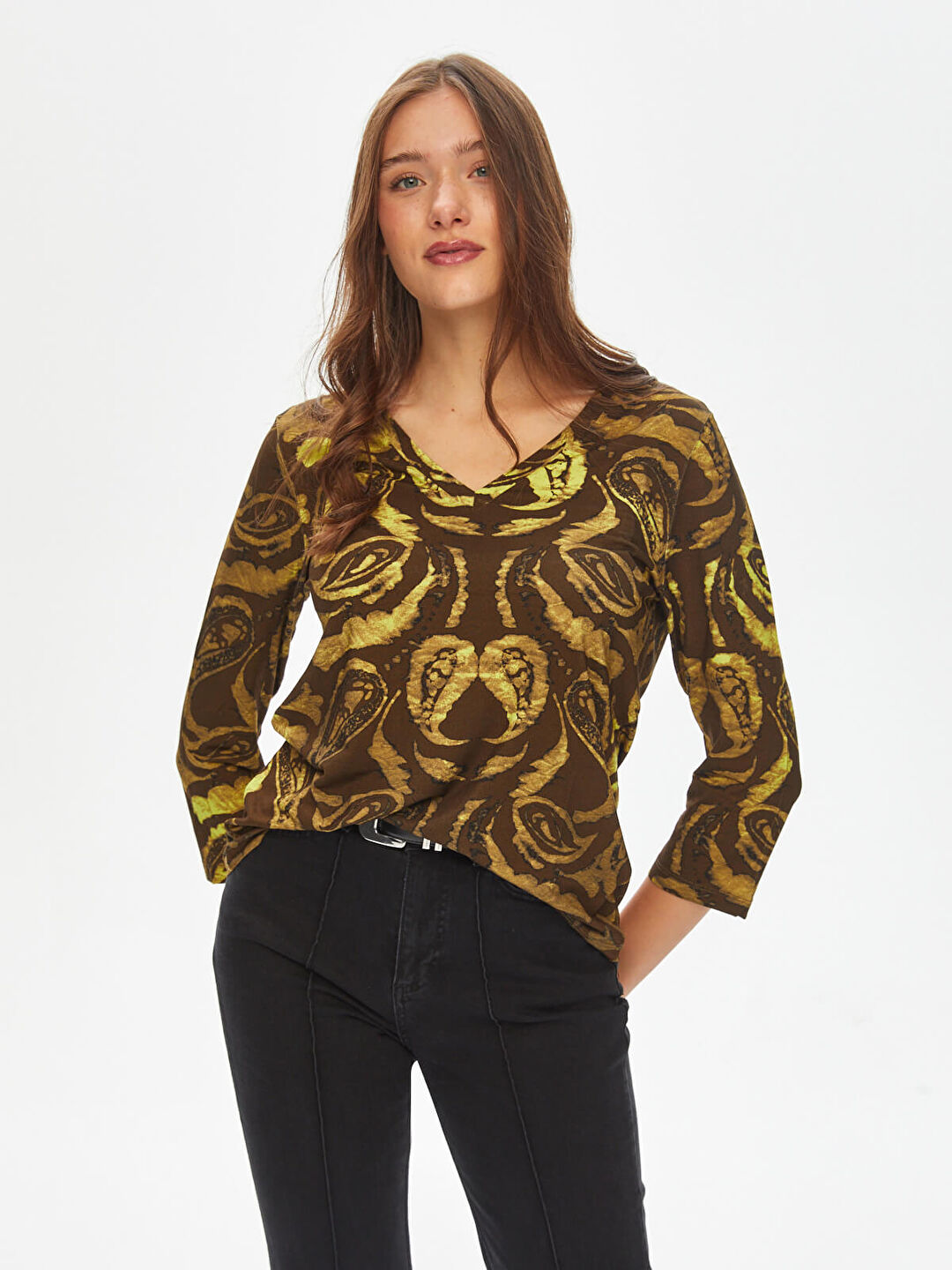 Paisley V Yaka Uzun Kol T-Shirt 69587