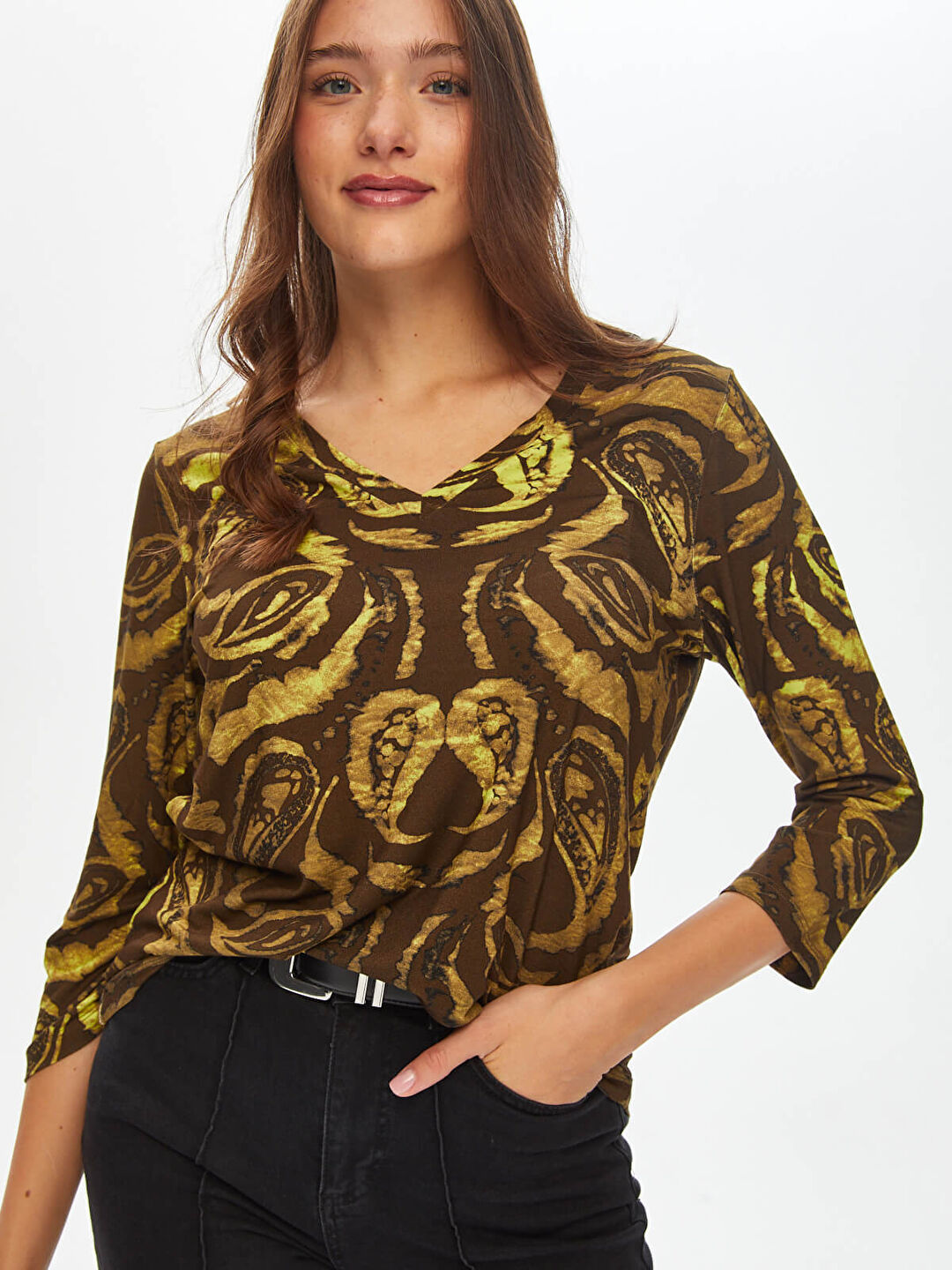 Paisley V Yaka Uzun Kol T-Shirt 69587