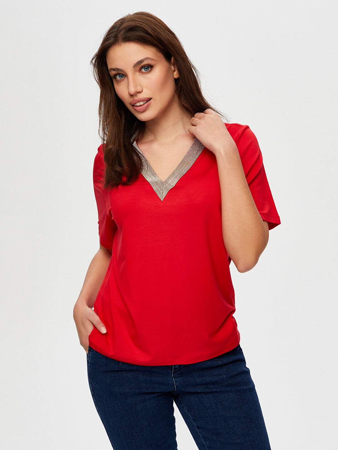 Zincir Şertili V Yaka Kısa Kol T-Shirt S25TSH064