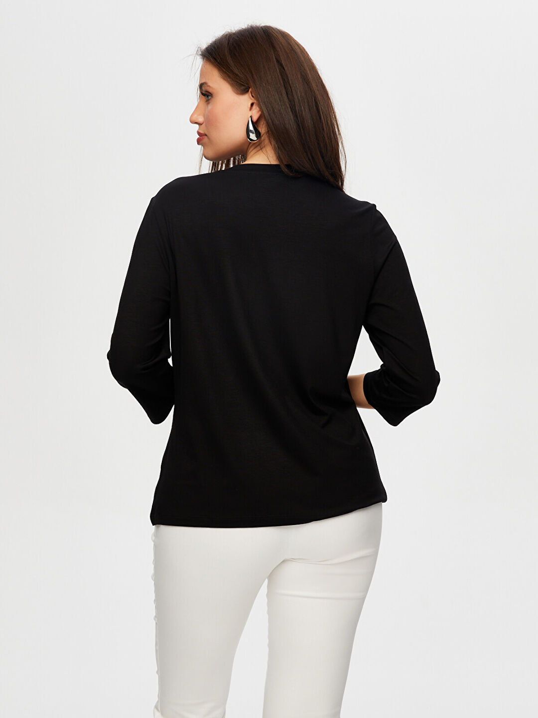 Önü Trok Taş Detaylı 3/4 Kol V Yaka T-Shirt S25TSH068